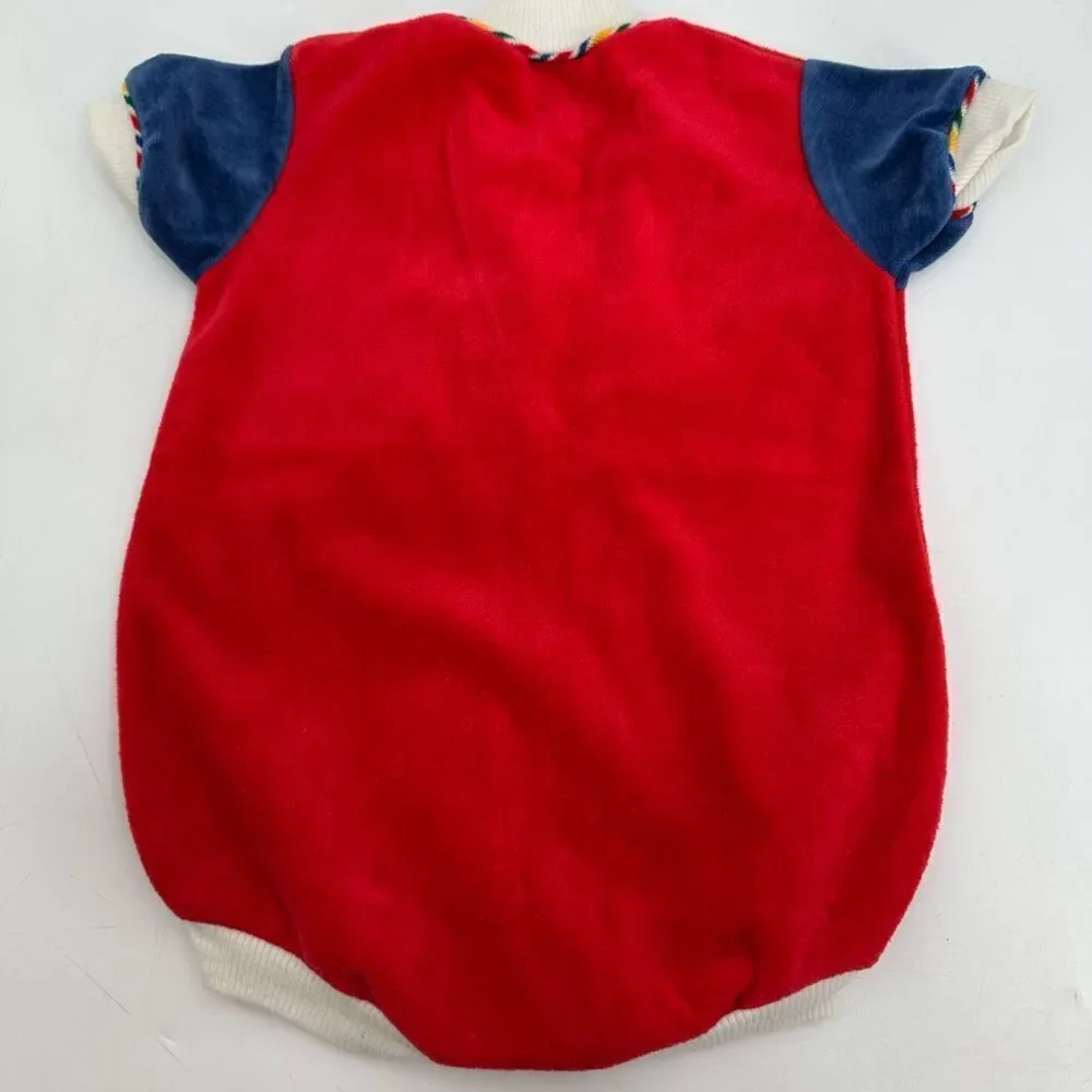 Vintage Doe Spun Red Baby Romper with Train Embroidery